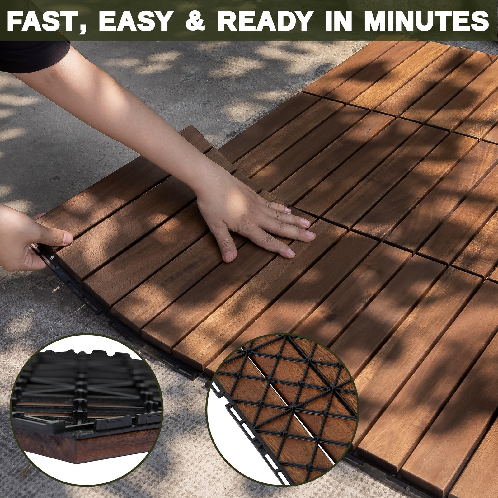 Natural Acacia 12×12 Interlocking Wood Deck Tiles for Balcony, Garden, Patio,…