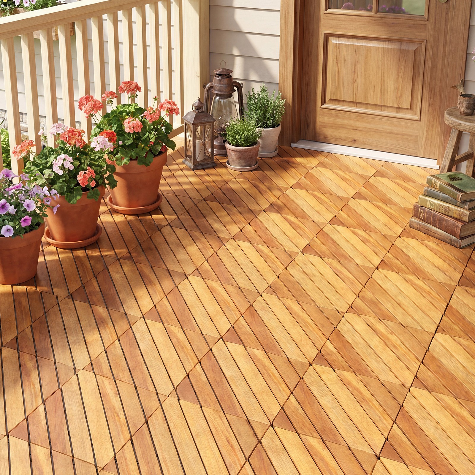 12″ x 12″ Acacia Wood Interlocking Deck Tiles,48 PCS Waterproof Flooring Tiles