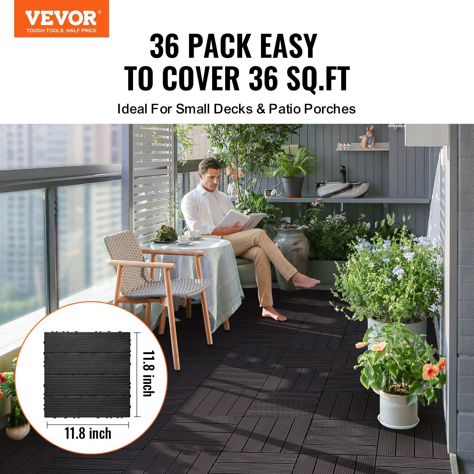Interlocking Deck Tiles 36 Pack 12″ x 12″ Waterproof for Porch Dark Brown