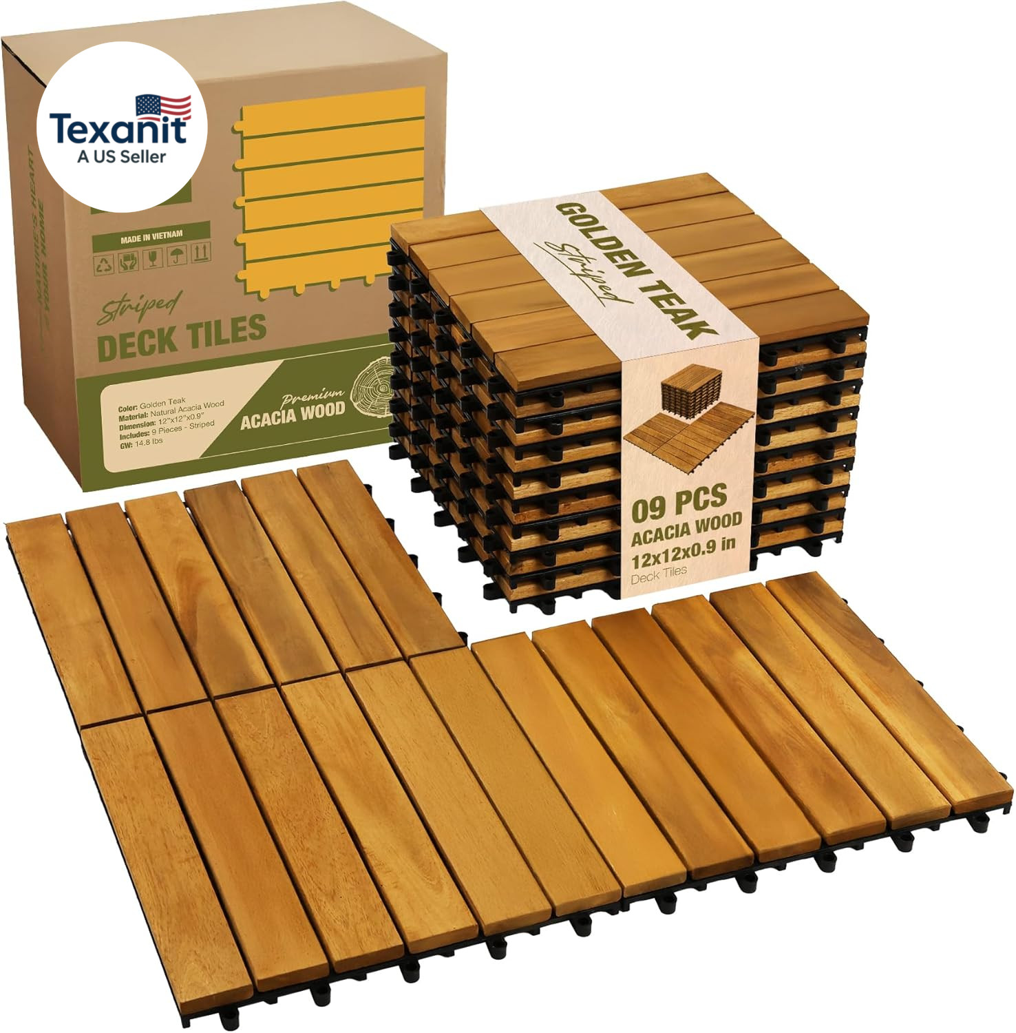 Premium Acacia Wood Interlocking Deck Tiles, 9 PCS 12″X12″X0.9″ Patio Flooring,