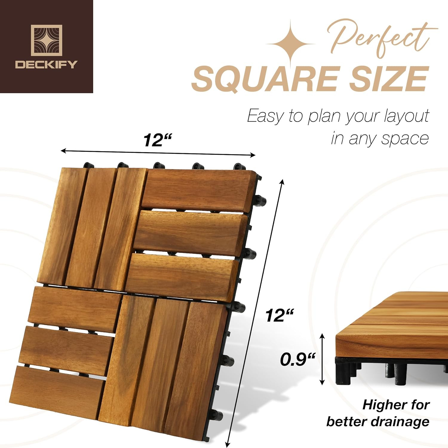 9Pcs Premium Acacia Wood Interlocking Patio Deck Tiles, 12 X 12 X 0.9 Inch Outdo