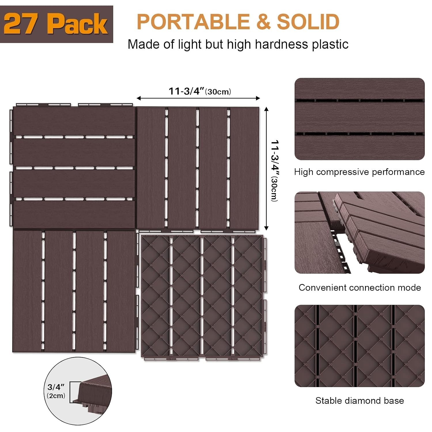 Waterproof Outdoor Decking Tiles, Dark Brown
