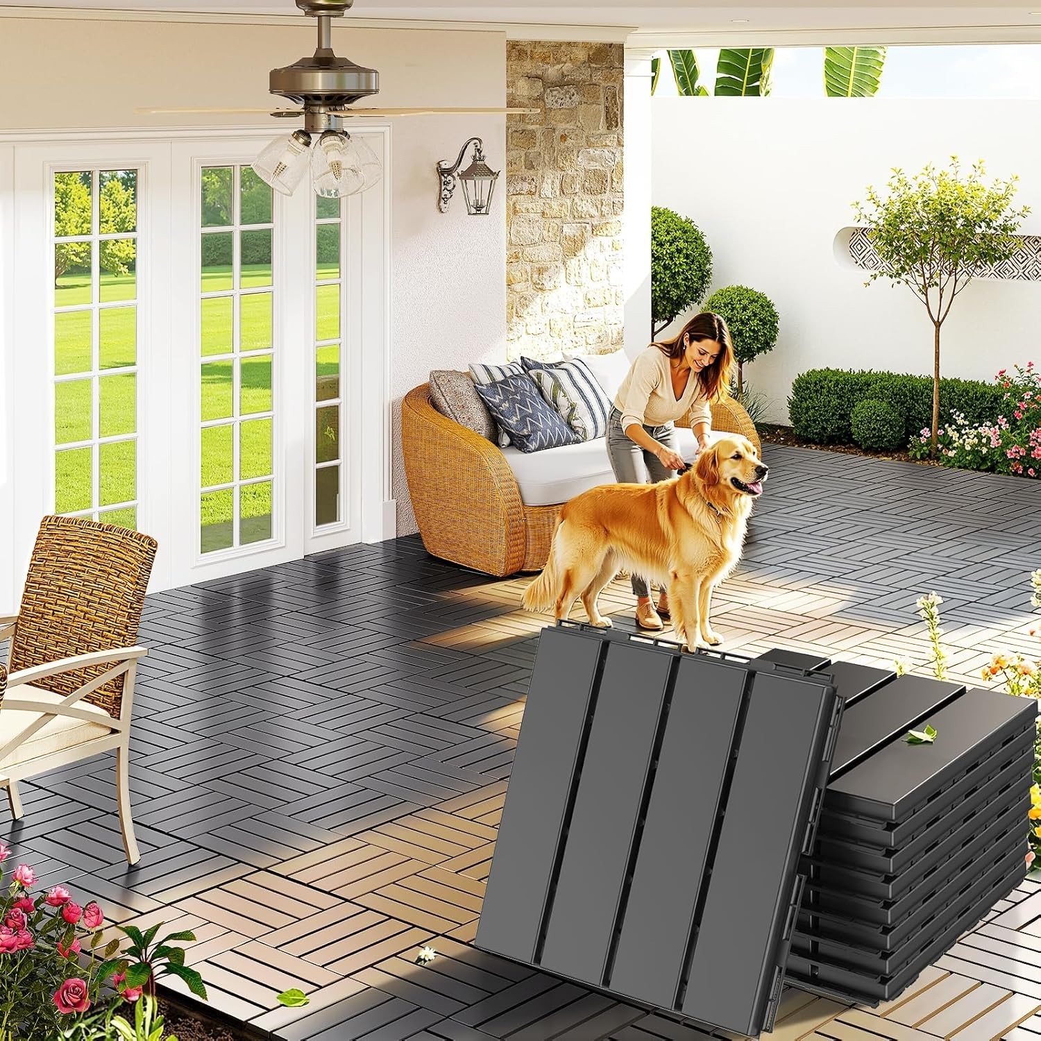 Durable 12”x12” Dark Gray Outdoor Deck Tiles – Easy Snap Connection, 9-Pack
