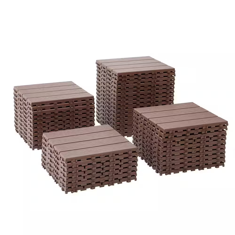 Dark Brown 1 Ft. X 1 Ft. All-Weather Plastic Outdoor Interlocking Deck Tiles Str