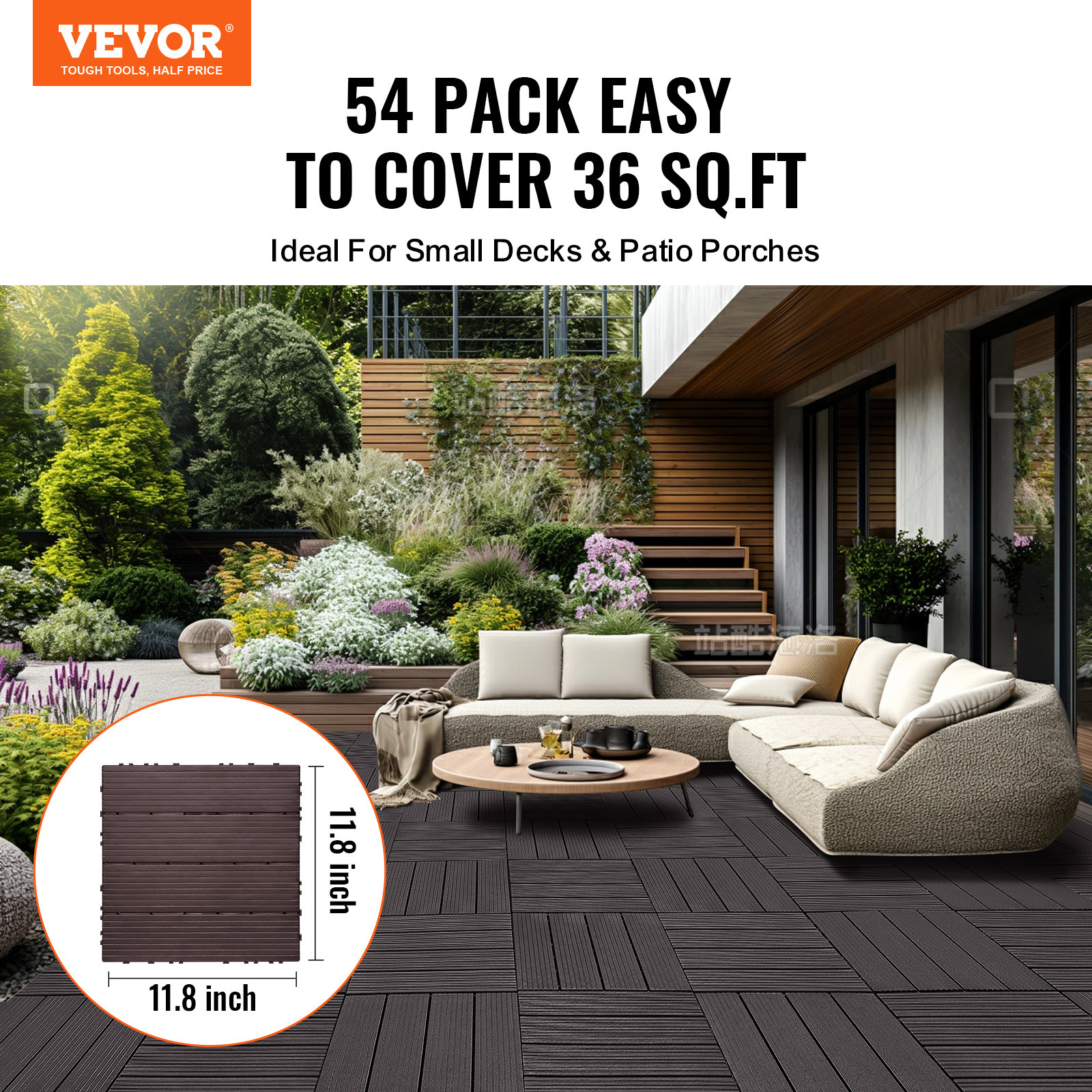 VEVOR 54pc Deck Patio Tile Interlocking Plastic Flooring Pavers 12×12” 54 sq.ft