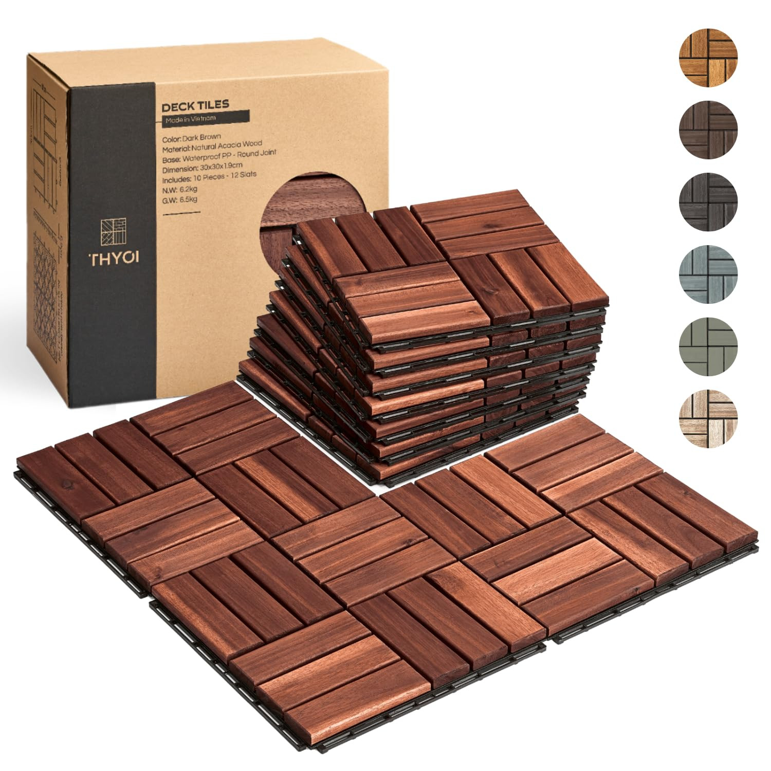 Brown 12×12 Interlocking Acacia Wood Deck Tiles Waterproof Patio Flooring 10 Pcs