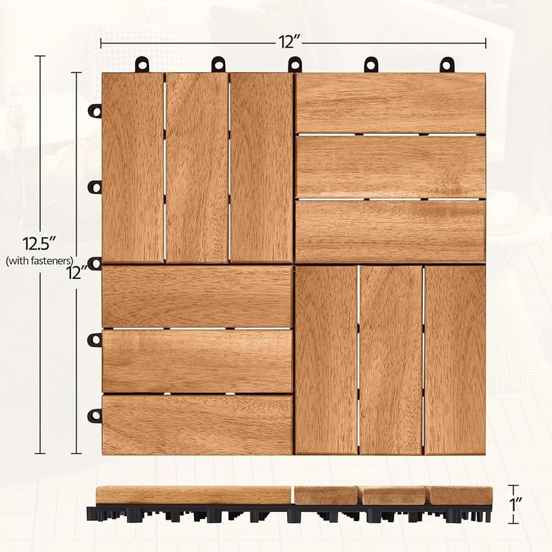 Acacia Interlocking Deck Tiles Non-Slip Outdoor Flooring Easy Installation New