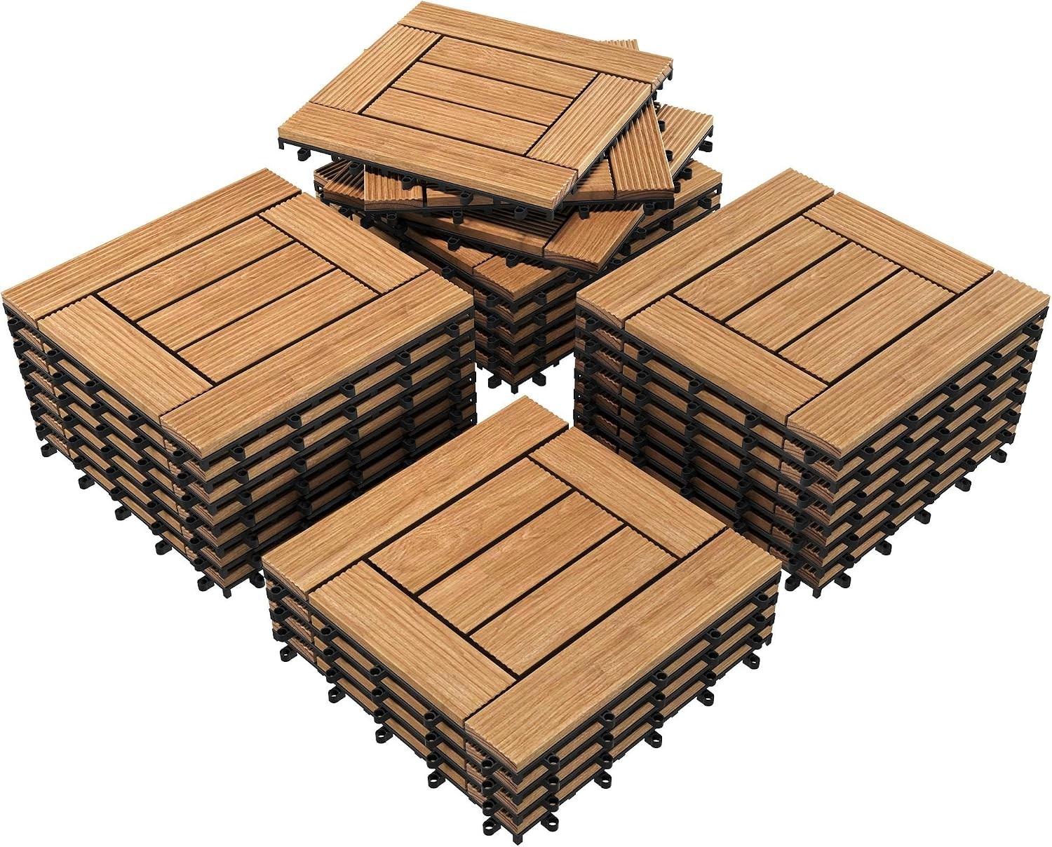 27PCS Natural Wood Deck Tiles Interlocking Patio Deck Tiles Solid Wood & Plastic