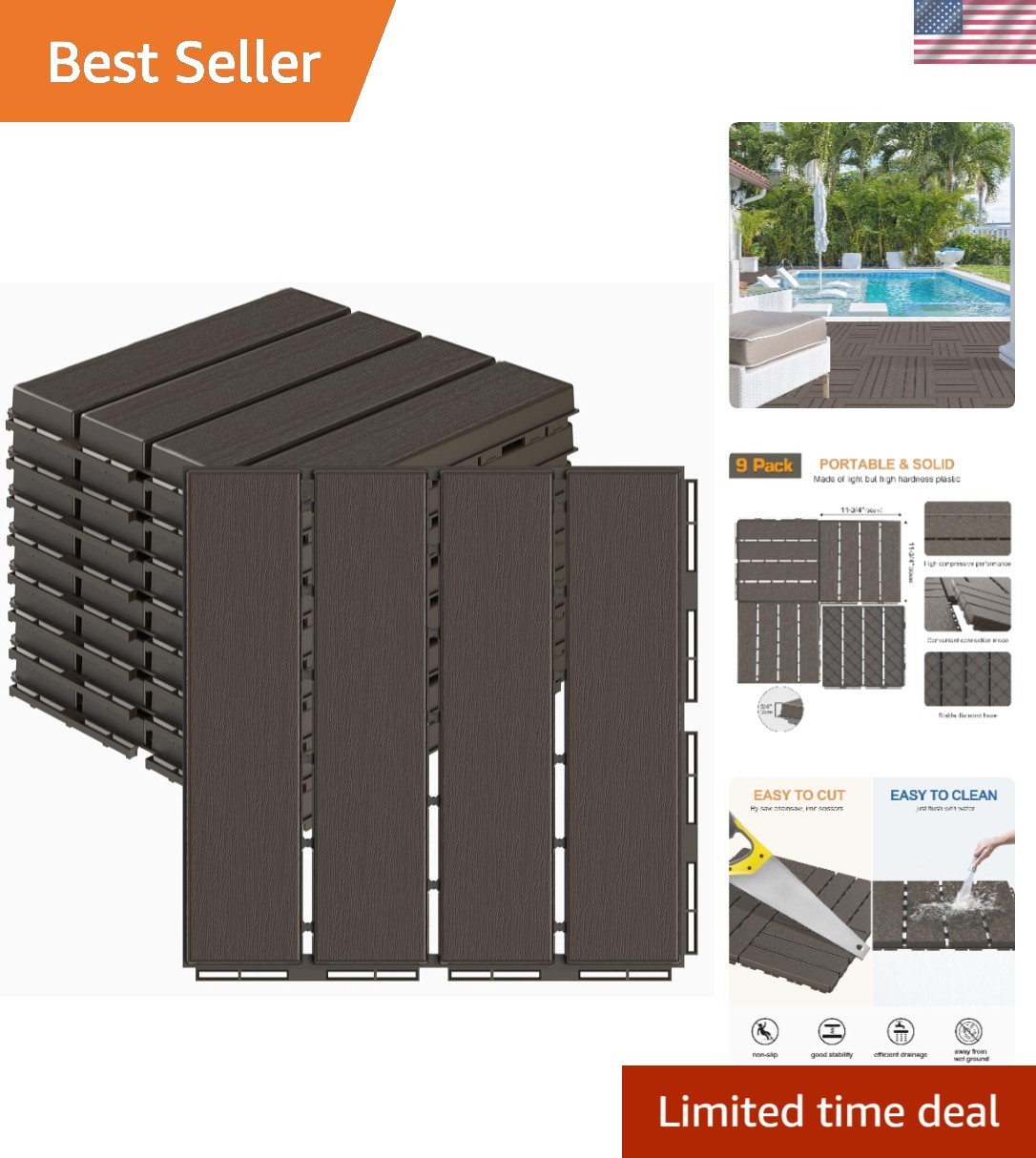 Plastic Interlocking Deck Tiles, 9 Pack Balcony Flooring, 12″x12″ Waterproof …