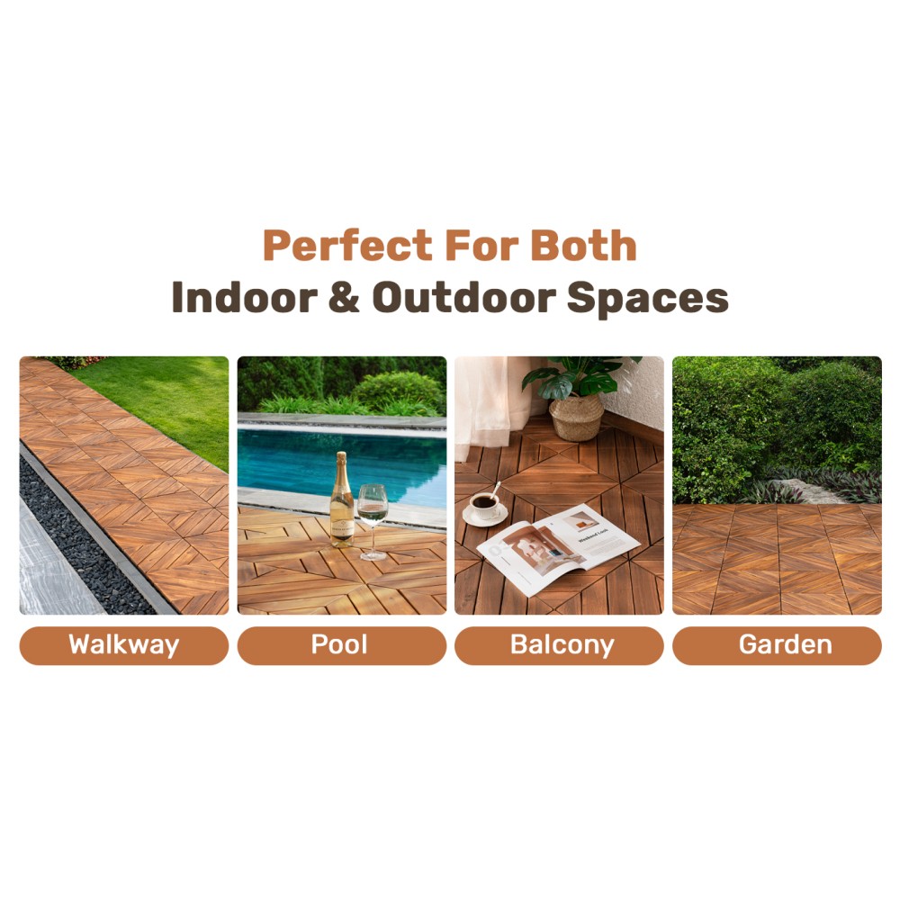 Interlocking Deck Tiles Diagonal Pattern, 12″ x 12″ Acacia Wood Tiles For Patio