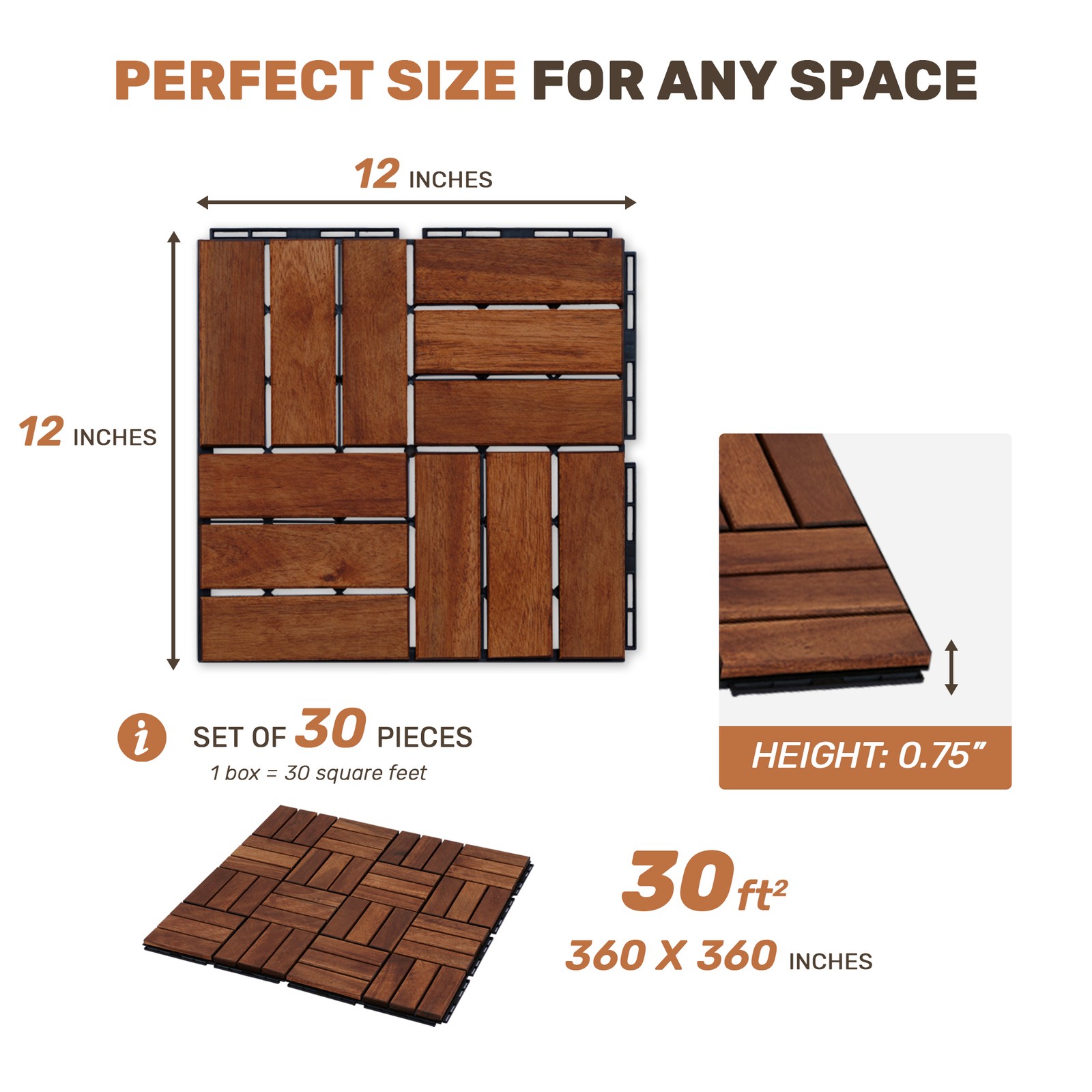 Deck Tiles Checker Pattern, 3x 12″x 12″ Square Acacia Hardwood Outdoor Flooring