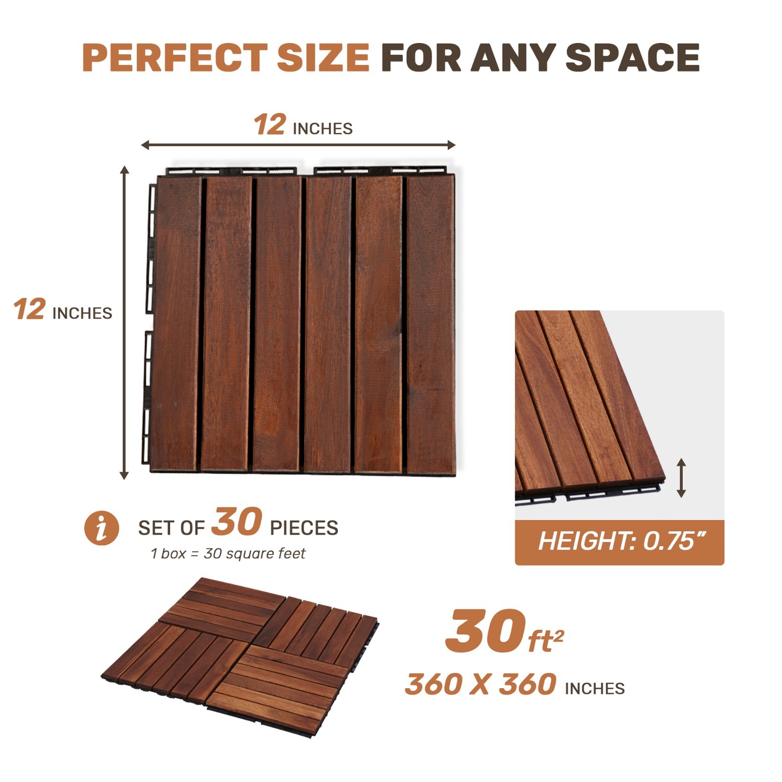 30pcs Acacia Wood Deck Tile Interlocking Flooring Pavers Tiles Outdoor Patio