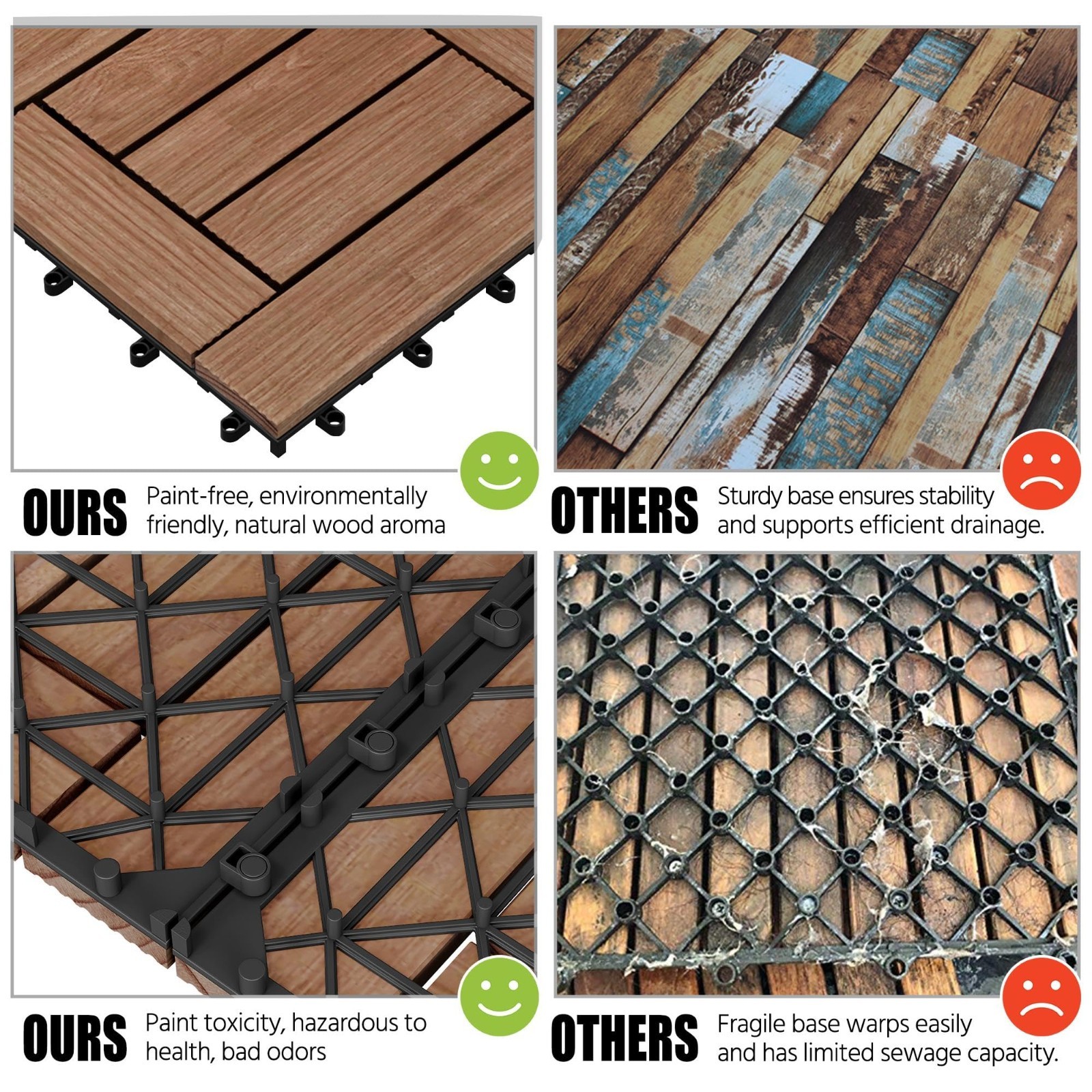 27PCS Interlocking Wooden Deck Tiles – Solid Wood & Plastic, 12″x12″, Brown Indo
