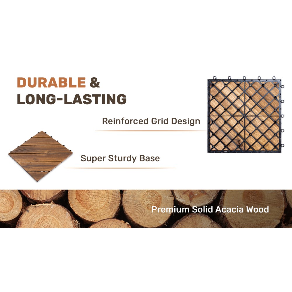 Interlocking Deck Tiles Diagonal Pattern, 12″ x 12″ Acacia Wood Tiles For Patio