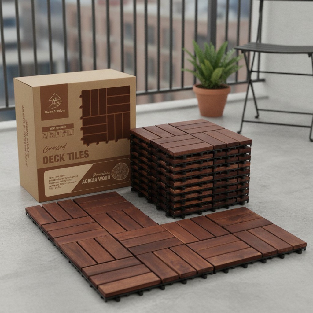 Acacia Wood Interlocking Deck Tiles, 9 Pc, 12″ x 12″ x 0.9″, Dark Brown