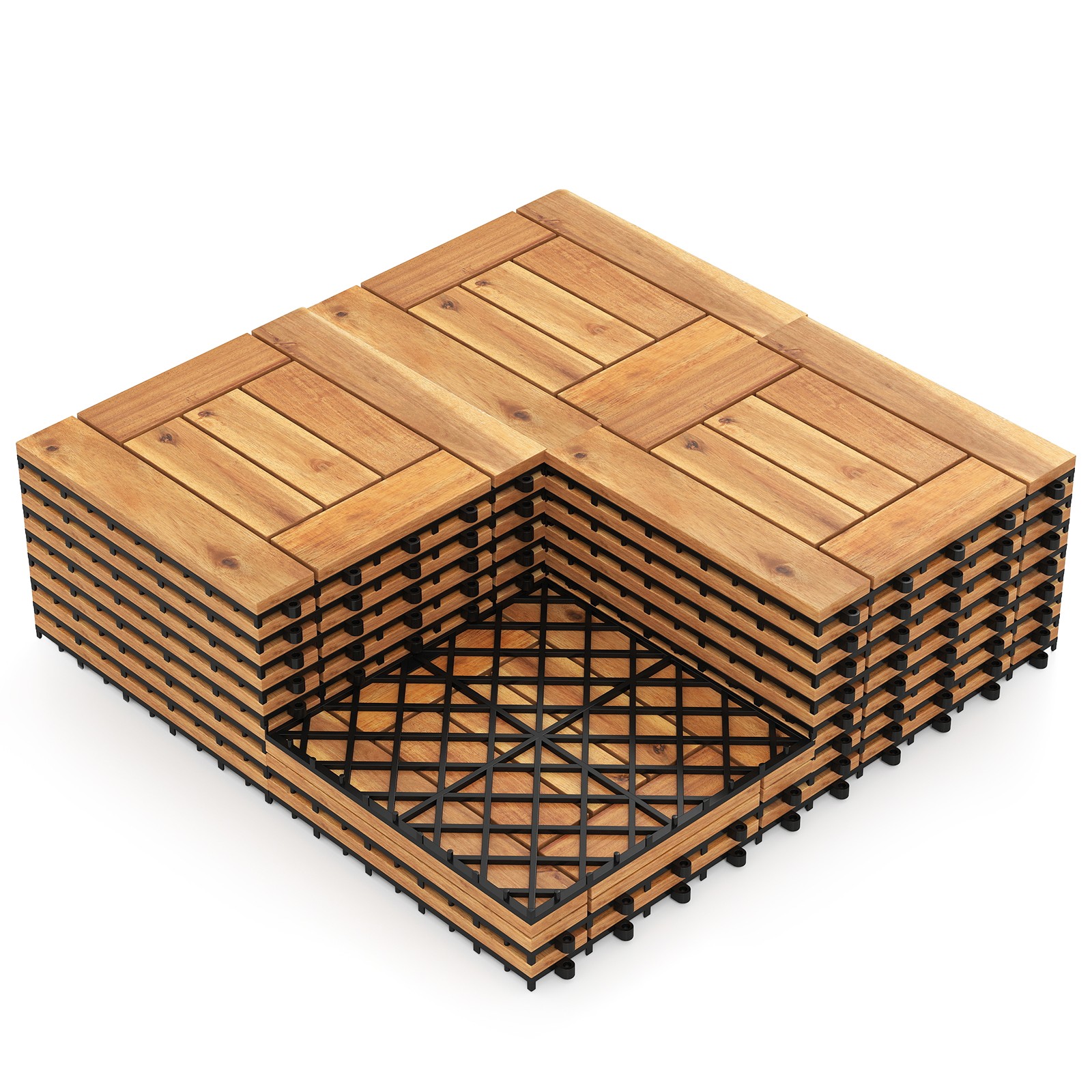 12″ x 12″ Acacia Wood Interlocking Deck Tiles 27 PCS Waterproof Flooring Tiles