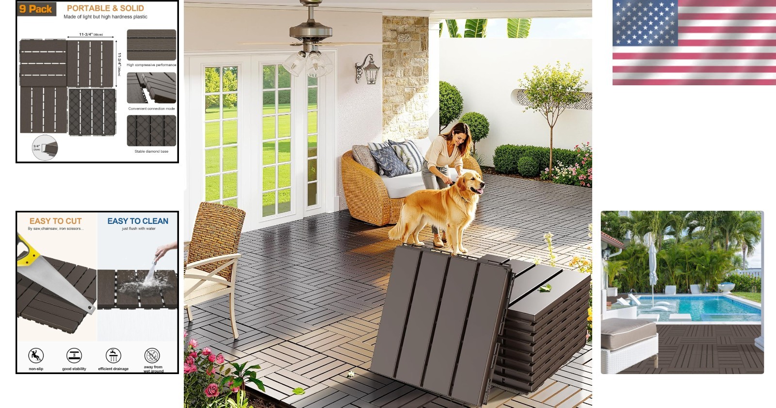 Durable 12″x12″ Interlocking Deck Tiles – Dark Coffee Outdoor Flooring, 9 Pack