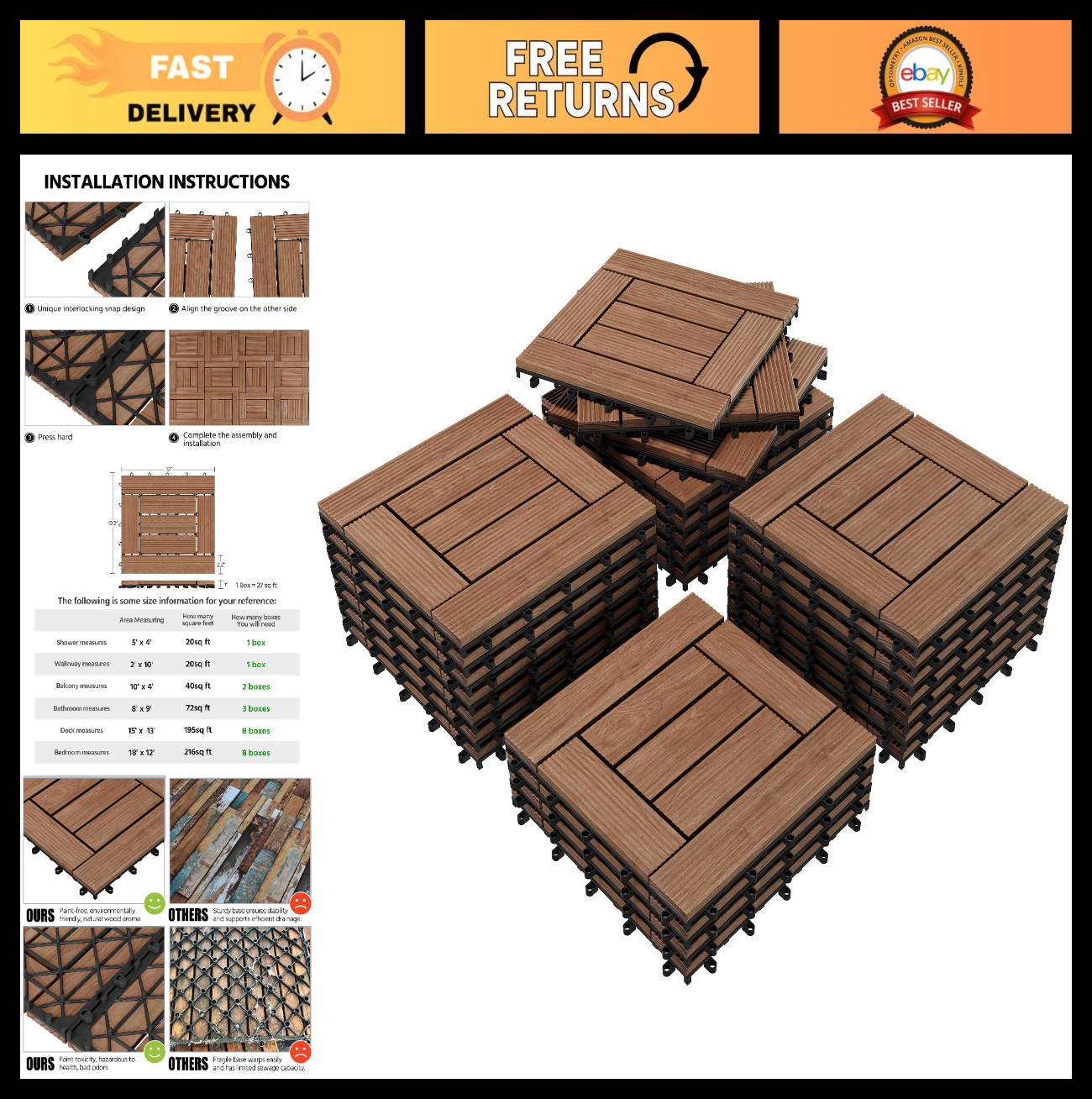 27PCS Interlocking Wooden Deck Tiles – Solid Wood & Plastic, 12″x12″, Brown Indo