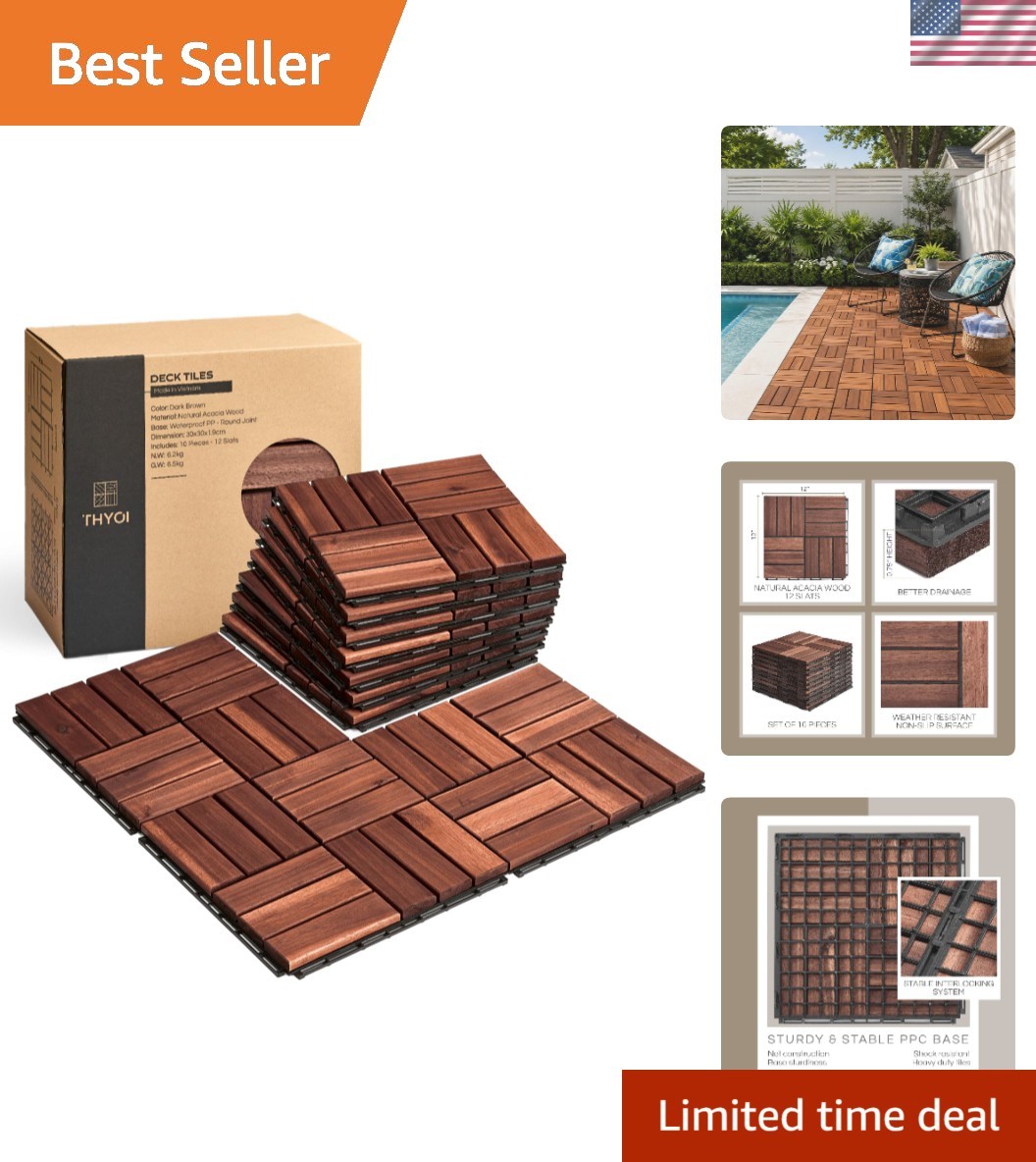 Luxury Acacia Deck Tiles for Patios & Backyards – 10 Pcs, Easy Snap Assembly