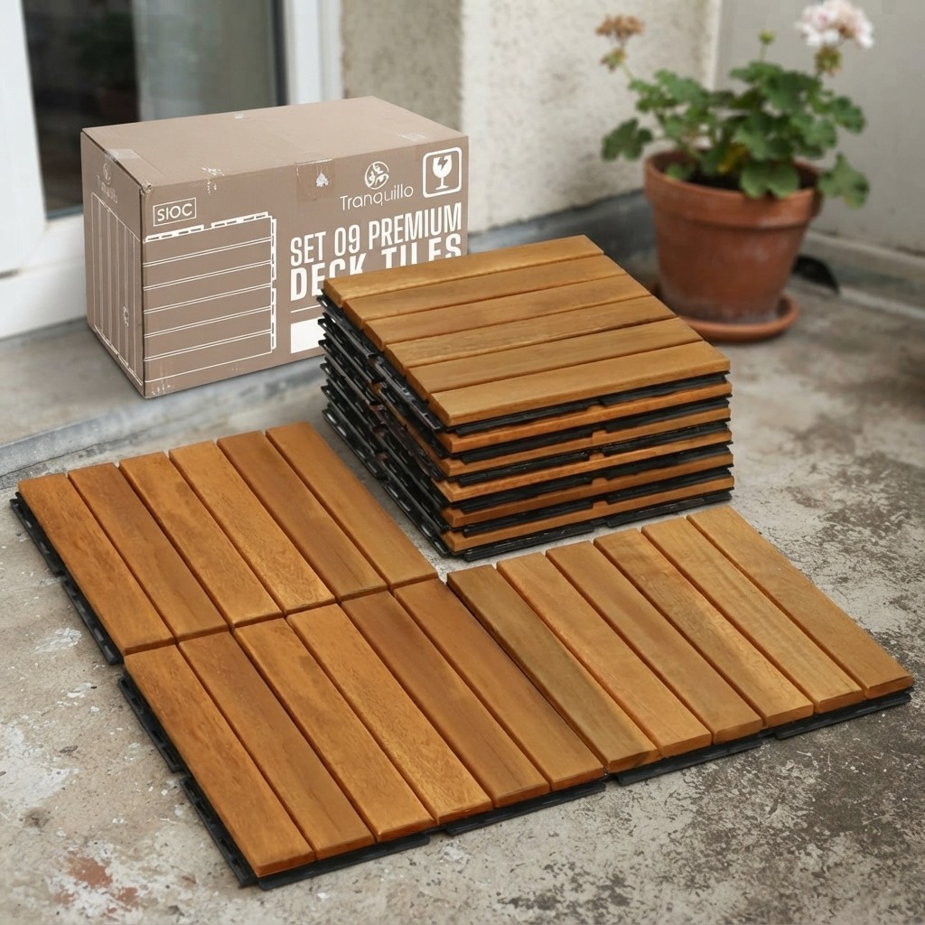 Non-Slip Acacia Wood Deck Tiles – Golden Striped, 12”x12”, 9 Pcs Easy Install