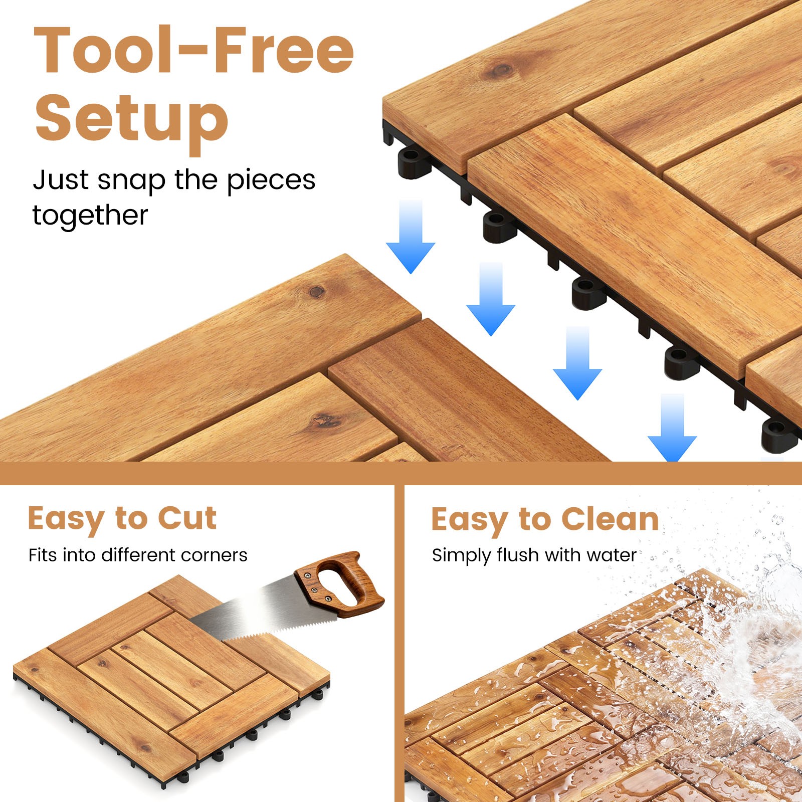 12″ x 12″ Acacia Wood Interlocking Deck Tiles,54 PCS Waterproof Flooring Tiles