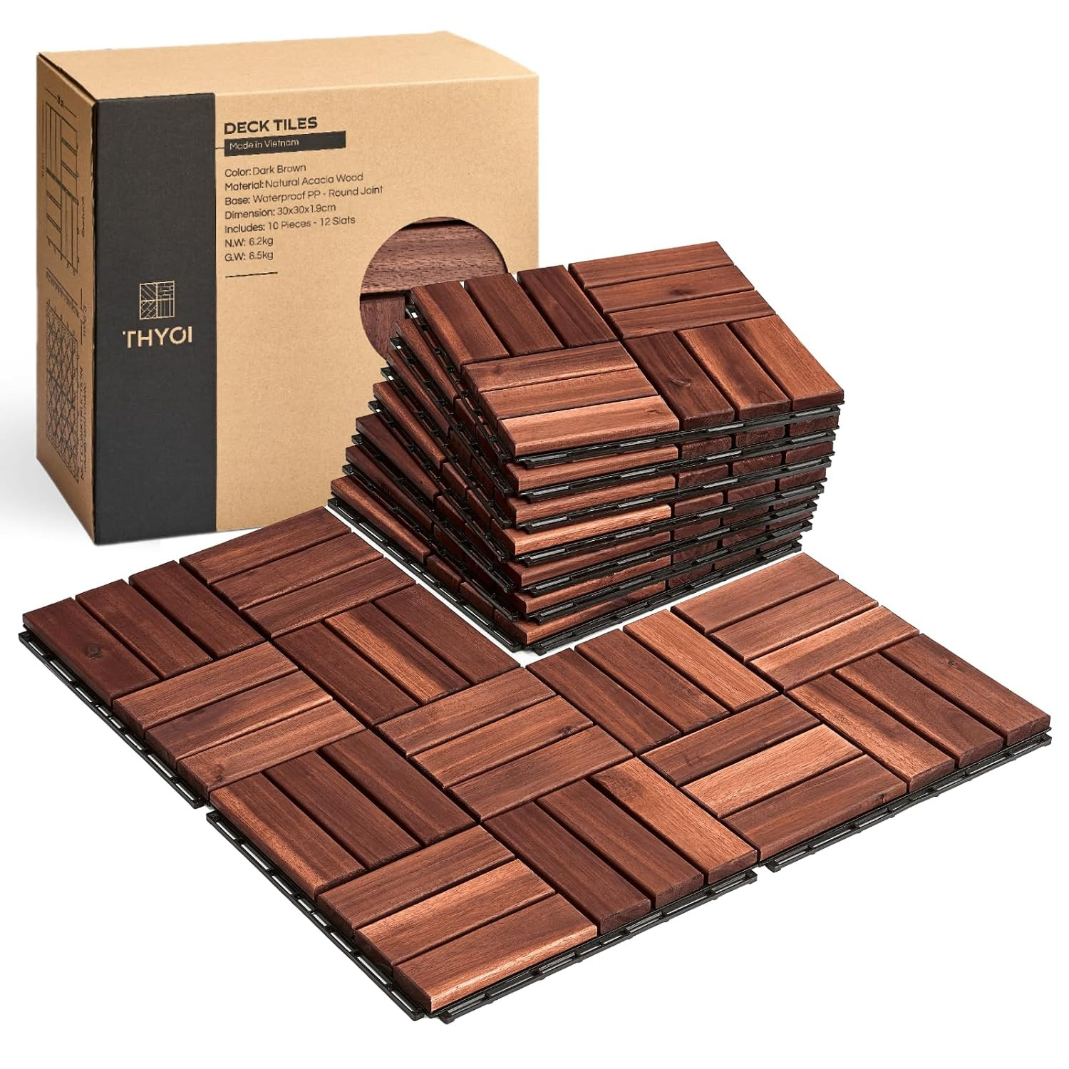 Premium Deck Tiles, Patio Flooring – Set 10 Pcs 12”X12”X0.9” Interlocking Deck T