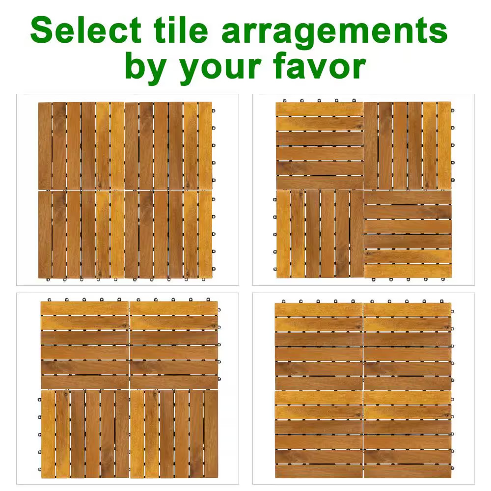 12 In. X 12 In. Acacia Wood Interlocking Flooring Deck Tile Brown 6-Slats, 10-Pa