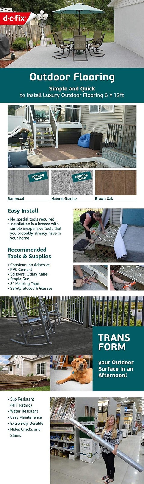 d-c-fix Outdoor Flooring Roll – Brown Oak Wood – 6 x 12, 72 sq.ft – Waterproo…