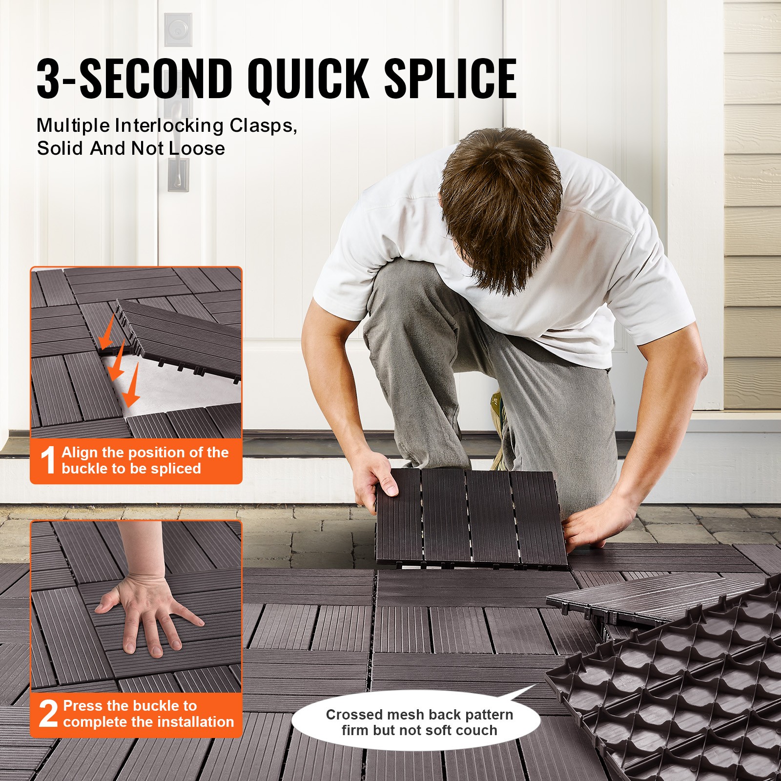 VEVOR 54pc Deck Patio Tile Interlocking Plastic Flooring Pavers 12×12” 54 sq.ft