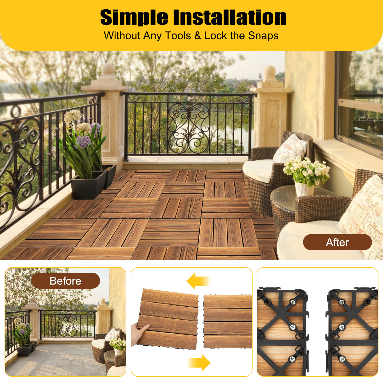 36Pcs Hardwood Interlocking Patio Deck Tiles Wood Flooring DIY Outdoor 12”x12”