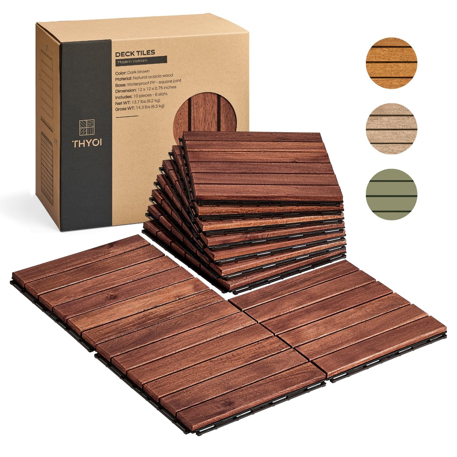 Interlocking Deck Tiles Acacia Wood 10 Pcs 12×12 Waterproof Patio Flooring Balco