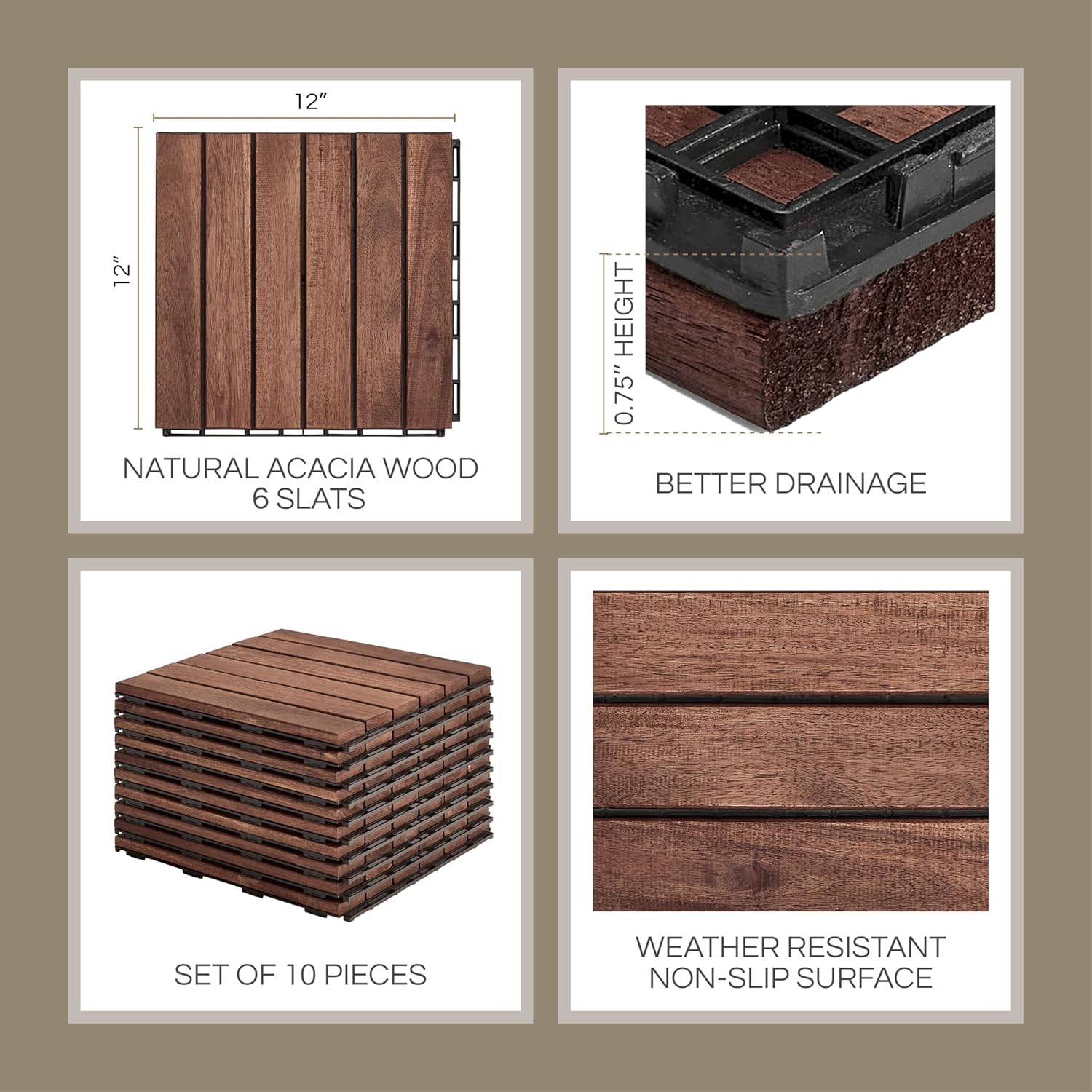 Deck Tiles, Patio Flooring – Outdoor Waterproof Acacia Wood Tiles for All Wea…