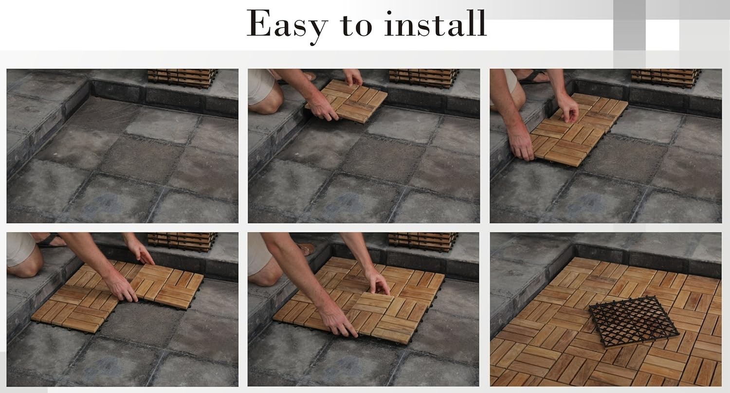 Solid Teak Interlocking Flooring Pack of 10 – 12″x12″, Indoor/Outdoor